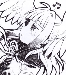 Rule 34 | 10s, 1girl, blunt bangs, from side, greyscale, head wings, japanese crested ibis (kemono friends), kemono friends, kurisu sai, monochrome, musical note, simple background, solo, white background, wings
