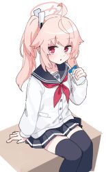 Rule 34 | 1girl, ahoge, black sailor collar, black skirt, black thighhighs, blue archive, blush, cardigan, drink, halo, highres, holding, holding drink, long hair, long sleeves, looking at viewer, milk carton, natsu (blue archive), neckerchief, parted lips, pink hair, pleated skirt, red eyes, red neckerchief, sailor collar, shiromoca, side ponytail, sidelocks, sitting, skirt, solo, thighhighs, upper body, white background, white cardigan, zettai ryouiki