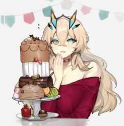Rule 34 | 1girl, bare shoulders, barghest (fate), barghest (like a lady) (fate), blonde hair, blush, breasts, cake, cleavage, collarbone, fate/grand order, fate (series), food, green eyes, horns, jewelry, large breasts, long hair, long sleeves, neck ring, off-shoulder sweater, off shoulder, open mouth, red sweater, solo, sweater, tan (inka)