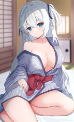 Rule 34 | 1girl, architecture, arm support, armpit crease, bare legs, bare shoulders, blue eyes, blurry, blurry background, breasts, cleavage, closed mouth, collarbone, commentary request, east asian architecture, eyelashes, eyes visible through hair, futon, grey kimono, hair between eyes, half updo, head tilt, highres, hitachi sou, indoors, japanese clothes, kimono, large breasts, light blush, long hair, long sleeves, looking at viewer, no bra, off shoulder, original, paid reward available, pinstripe kimono, red sash, ryokan, sash, shiraga (hitachi sou), sidelocks, sitting, smile, solo, thighs, two side up, very long hair, white hair, wide sleeves, yokozuwari, yukata