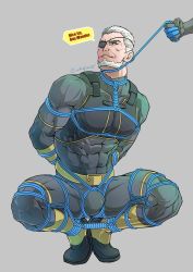 Rule 34 | 2boys, abs, arms behind back, artist name, bara, batman (series), beard, belt, black bodysuit, bodysuit, boots, bound, bound ankles, bound arms, bound legs, bound wrists, bulge, covered abs, dc comics, deathstroke, dick grayson, evinist, eyepatch, facial hair, highres, large pectorals, male focus, multiple boys, muscular, muscular male, nightwing, one eye covered, pectorals, sarashi, short hair, slade wilson, smile, solo focus, squatting, taut bodysuit, taut clothes, teen titans, teeth, white hair, yaoi