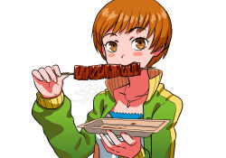 1girl brown_eyes brown_hair eating green_jacket hand_up holding holding_skewer insomia3 jacket jewelry long_sleeves looking_at_viewer necklace persona persona_4 satonaka_chie simple_background skewer solo upper_body white_background