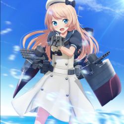 Rule 34 | 1girl, aiming, blonde hair, blue eyes, blue sailor collar, blue sky, cannon, cloud, cowboy shot, day, dress, gloves, hat, highres, jervis (kancolle), kantai collection, long hair, looking at viewer, machinery, open mouth, outdoors, ponpu-chou, sailor collar, sailor dress, sailor hat, short sleeves, sky, solo, torpedo, torpedo launcher, turret, white dress, white gloves, white hat