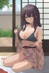 Rule 34 | 1girl, absurdres, bare legs, barefoot, bed sheet, black bra, blurry, blurry background, blush, bra, breasts, brown hair, character request, checkered clothes, checkered kimono, cleavage, collarbone, copyright request, groin, highres, indoors, japanese clothes, kimono, kimono pull, large breasts, looking at viewer, no panties, sitting, sliding doors, solo, toes, tomura2maru, underwear, undressing, wooden floor, yokozuwari