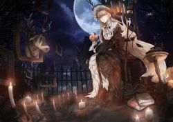 Rule 34 | 1girl, absurdly long hair, animal head, arknights, blonde hair, blunt bangs, candle, candlestand, fence, gothic lolita, hachiware (kagisippo2), highres, horns, lantern, lolita fashion, long hair, long skirt, moon, moose, night, night sky, nightingale (arknights), skirt, skull, sky, solo, staff, tagme, very long hair