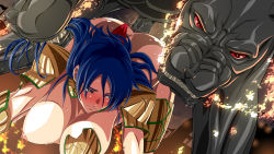 Rule 34 | 1girl, all fours, armor, ass, bestiality, blue eyes, blue hair, blush, breasts, broken armor, clenched teeth, defeat, demon, doggystyle, fangs, female knight, fire, forced, grabbing another&#039;s hair, green eyes, hanging breasts, highres, huge breasts, inja no kuruwa, knight, legs, long hair, looking back, monster, nipples, rape, red eyes, saliva, sex, sex from behind, sweat, teeth, thighs, vaginal