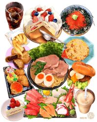 Rule 34 | burger, cake, egg (food), fish (food), food, food focus, french fries, highres, ikura (food), ooranokohaku, original, sashimi