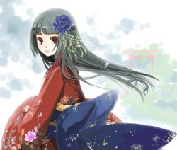 Rule 34 | 1girl, black hair, brown eyes, hair ornament, japanese clothes, kimono, kurasawa moko, looking at viewer, original, smile, solo, torii