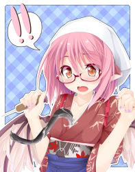 Rule 34 | !, !!, 1girl, alternate costume, animal ears, bad id, bad pixiv id, bespectacled, between breasts, bird wings, blush, breasts, eel, female focus, glasses, head scarf, japanese clothes, mystia lorelei, nail polish, obi, ogami kazuki, okamisty, open mouth, pink hair, plaid, plaid background, sash, sexually suggestive, short hair, solo, touhou, wings, yellow eyes
