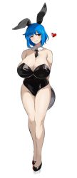 Rule 34 | 1girl, absurdres, animal ears, arms behind back, azmi yudista, bare legs, bare shoulders, black footwear, black leotard, black necktie, blue hair, borrowed character, breasts, cleavage, curvy, detached collar, fake animal ears, full body, heart, highres, huge breasts, leotard, looking at viewer, necktie, one eye closed, original, playboy bunny, rabbit ears, red eyes, rina atherina, shadow, shoes, simple background, smile, solo, standing, strapless, strapless leotard, tray, white background, wink