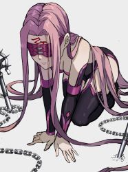 Rule 34 | 1girl, absurdres, all fours, bare shoulders, black dress, black footwear, blindfold, boots, breasts, chain, cleavage, closed mouth, dagger, detached sleeves, doris (1349745448), dress, facial mark, fate/stay night, fate (series), forehead, forehead mark, grey background, highres, kneeling, knife, large breasts, long hair, medusa (fate), medusa (rider) (fate), nameless dagger (fate), parted bangs, purple hair, short dress, simple background, solo, strapless, strapless dress, thigh boots, thighhighs, very long hair, weapon