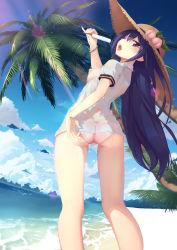 Rule 34 | 1girl, adjusting clothes, adjusting panties, ass, beach, blue hair, blush, bracelet, breasts, breasts out, buriterium, day, food, from behind, hat, highres, hinanawi tenshi, jewelry, legs, long hair, looking back, md5 mismatch, medium breasts, nipples, ocean, open clothes, open mouth, palm tree, panties, pink panties, popsicle, red eyes, resolution mismatch, see-through, sky, solo, source larger, straw hat, tongue, tongue out, touhou, tree, underwear, very long hair, wet, wet clothes