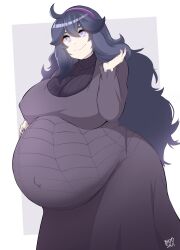 Rule 34 | 1girl, @ @, absurdres, ahoge, bayoshii, big belly, breasts, covered navel, creatures (company), dress, female focus, game freak, hairband, hex maniac (pokemon), highres, huge breasts, long hair, looking at viewer, matching hair/eyes, nail polish, nintendo, pokemon, pokemon xy, pregnant, purple dress, purple eyes, purple hair, simple background, solo