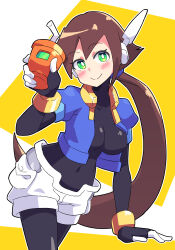 Rule 34 | 1girl, absurdres, aile (mega man zx), black bodysuit, blush, bodysuit, breasts, brown hair, buzzlyears, cropped jacket, drink, female focus, green eyes, heart, highres, jacket, large breasts, long hair, mega man (series), mega man zx, mega man zx advent, navel, open clothes, open jacket, ponytail, robot ears, shorts, smile, tagme