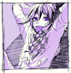 Rule 34 | 1boy, arms behind head, border, buttons, checkered clothes, checkered scarf, commentary request, cowboy shot, danganronpa (series), danganronpa v3: killing harmony, double-breasted, highres, jacket, knees up, long sleeves, male focus, nagichiro, oma kokichi, open mouth, pants, purple background, purple eyes, purple hair, purple theme, scarf, short hair, simple background, sitting, sketch, smile, solo, teeth, tongue, upper teeth only, white border