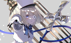 Rule 34 | 1girl, azur lane, blonde hair, blue bow, blue bowtie, blue ribbon, blush, bob cut, bodystocking, bodysuit, bodysuit under clothes, bow, bowtie, cage, capelet, chromatic aberration, closed mouth, commentary, cross, dress, eyepatch, flower eyepatch, gauntlets, grey background, grin, hair between eyes, hand up, hat, highres, holding, holding cross, holding staff, kepi, kyuumura, le terrible (azur lane), long sleeves, looking at viewer, medium hair, military hat, neck ribbon, one eye covered, outstretched arm, pale skin, parted lips, purple eyes, reaching, reaching towards viewer, ribbon, shiny hair, sidelocks, smile, solo, staff, standing, upper body, vambraces, weapon, white capelet, white dress, white hat