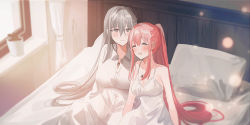 Rule 34 | 2girls, :d, ^ ^, ahoge, bare arms, bare shoulders, blurry, blurry background, blush, breasts, chihuri, closed eyes, closed mouth, collarbone, collared shirt, curtains, depth of field, dress, dress shirt, grey eyes, grey hair, hair between eyes, highres, indoors, jewelry, long hair, medium breasts, multiple girls, on bed, open mouth, original, pendant, pillow, pink hair, ponytail, shirt, sleeveless, sleeveless dress, smile, under covers, very long hair, white dress, white shirt, yana (chihuri), zoya petrovna vecheslova