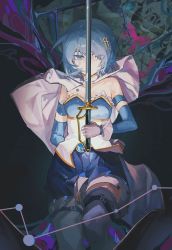 Rule 34 | 1girl, abstract background, arm behind back, bare shoulders, blue eyes, blue gemstone, blue hair, blue skirt, bodice, cape, chinese commentary, collarbone, commentary request, covered mouth, detached sleeves, eyes visible through hair, feet out of frame, fortissimo, frills, gem, glint, gloves, grey thighhighs, hair ornament, highres, holding, holding sword, holding weapon, looking down, mahou shoujo madoka magica, mahou shoujo madoka magica (anime), miki sayaka, minfand, musical note, musical note hair ornament, oktavia von seckendorff, short hair, skirt, solo, sword, tears, thigh strap, thighhighs, weapon, white cape, white gloves