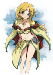 1girl aretha ariel_(aretha) armor blonde_hair blue_eyes blush bracelet breasts choker cleavage cloak collarbone earrings facial_mark forehead_mark gold_armor green_cloak green_shirt green_skirt jewelry long_hair looking_at_viewer medium_breasts muramasa_mikado navel necklace shirt shoulder_armor side_slit skirt smile standing strapless tube_top white_background