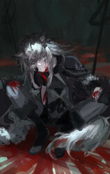 Rule 34 | 1girl, absurdres, animal ears, arknights, bags under eyes, black gloves, blood, blood on clothes, blood on face, blood on hands, blood on tail, blood splatter, gloves, grey-framed eyewear, grin, highres, kasumi yuzuha, lappland (arknights), long hair, looking at viewer, scar, scar across eye, shirt, single glove, sitting, smile, solo, spread legs, tail, wolf ears, wolf tail