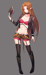 Rule 34 | 1girl, absurdres, belt, black choker, black footwear, black thighhighs, book, boots, breasts, brown hair, brown shorts, character request, choker, cleavage, collarbone, dungeon and fighter, facial mark, forehead mark, full body, garter straps, grey background, hand up, highres, holding, holding book, long hair, long sleeves, medium breasts, midriff, nail polish, nami qi, navel, pointy ears, purple nails, red eyes, short shorts, shorts, simple background, solo, standing, thighhighs, very long hair