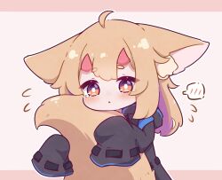 Rule 34 | 1girl, :o, ahoge, animal ear fluff, animal ears, arknights, black jacket, blush, brown background, brown eyes, chibi, commentary, doctor (arknights), english commentary, flying sweatdrops, fox ears, fox girl, fox tail, hood, hood down, hooded jacket, horns, jacket, kurotofu, light brown hair, long hair, long sleeves, looking at viewer, mochi-chan (kurotofu), oni, oni horns, original, parted lips, purple eyes, short eyebrows, sleeves past fingers, sleeves past wrists, solo, spoken blush, tail, tears, thick eyebrows, upper body