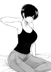 Rule 34 | 1girl, absurdres, arm behind head, breasts, cleavage, commentary, denim, english commentary, greyscale, highres, jeans, looking at viewer, medium breasts, monochrome, norman maggot, olive laurentia, original, pants, pixie cut, shirt, short hair, simple background, sitting, solo, tank top, white background