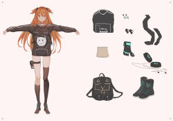 Rule 34 | 1girl, absurdres, aer7o, animal print, asymmetrical legwear, bad id, bad pixiv id, black footwear, black jacket, black socks, boots, brown background, brown eyes, brown hair, cat print, character sheet, closed mouth, clothes writing, earrings, english text, hair between eyes, hair bobbles, hair ornament, highres, jacket, jewelry, kneehighs, long hair, long sleeves, looking at viewer, original, outstretched arms, simple background, single kneehigh, single sock, single thighhigh, smile, socks, solo, spread arms, standing, thighhighs, two side up, uneven legwear, very long hair