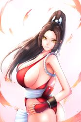Rule 34 | 1girl, ass, breasts, fatal fury, highres, large breasts, looking at viewer, ponytail, shiranui mai, smile, solo