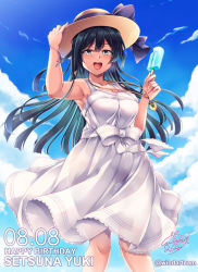 Rule 34 | 1girl, a jet black magician (love live!), adjusting clothes, adjusting headwear, artist name, artist request, bare legs, bare shoulders, black hair, blue hair, blue sky, blush, bow, breasts, brown hat, cloud, collarbone, crescent, crescent necklace, dark blue hair, day, dress, dress bow, female focus, floating hair, food, grey eyes, hat, highres, holding, holding clothes, holding food, holding hat, jewelry, long hair, looking at viewer, love live!, love live! nijigasaki high school idol club, love live! school idol festival, love live! school idol festival all stars, medium breasts, miniskirt, nail, nail polish, necklace, outdoors, parted lips, pink nails, plaid, plaid dress, plaid skirt, pleated, pleated dress, pleated skirt, ponytail, popsicle, side ponytail, skirt, sky, smile, solo, striped, striped bow, sundress, white bow, white dress, white skirt, windart, yuki setsuna (love live!)