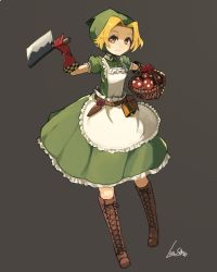 Rule 34 | 1girl, apron, artist name, basket, bell, belt, belt pouch, blonde hair, boots, brown hair, cleaver, cowbell, cross-laced footwear, etrian odyssey, farmer (sekaiju), frilled apron, frills, full body, gloves, grey background, hood, knee boots, lace-up boots, lansane, looking at viewer, mushroom, pinky out, pouch, puffy short sleeves, puffy sleeves, red gloves, scissors, sekaiju no meikyuu, sekaiju no meikyuu 3, short hair, short sleeves, signature, simple background, smile, solo, waist apron