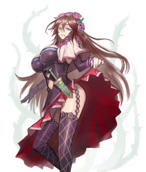 Rule 34 | 10s, 1girl, :d, bare shoulders, black thighhighs, breasts, brown hair, capelet, clothes lift, commentary request, cowboy shot, dress, dress lift, flower, from side, garter straps, granblue fantasy, hair between eyes, hair flower, hair ornament, jonylaser, knife, large breasts, lifted by self, long hair, long sleeves, looking at viewer, looking to the side, midriff, open mouth, purple eyes, purple flower, purple rose, rose, rosetta (granblue fantasy), sheath, sheathed, smile, solo, thighhighs, very long hair