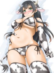 Rule 34 | 1girl, :t, agano (kancolle), akimoto dai, animal ears, animal print, bikini, black hair, blush, breasts, commentary request, cow ears, cow horns, cow print, cow tail, dated, fake animal ears, fake horns, from below, front-tie top, green eyes, highres, horns, kantai collection, large breasts, long hair, nose blush, one-hour drawing challenge, pout, side-tie bikini bottom, solo, standing, swimsuit, tail, thighhighs, twitter username, white background, white bikini, white thighhighs