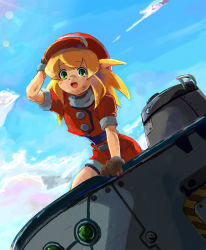 Rule 34 | 1girl, :d, belt, blonde hair, blush, breasts, brown gloves, buttons, cabbie hat, cloud, commentary request, day, dinef, gloves, green eyes, hat, highres, jacket, long hair, looking at viewer, mega man (series), mega man legends (series), open mouth, red jacket, roll caskett (mega man), short sleeves, shorts, sky, smile, solo
