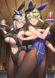 Rule 34 | 2girls, animal ears, artoria pendragon (fate), artoria pendragon (lancer) (fate), artoria pendragon (lancer alter) (fate), backless outfit, bare shoulders, black leotard, blonde hair, blue leotard, blurry, blurry background, blush, braid, breasts, candle, choker, clothing cutout, collarbone, commentary request, covered navel, cup, drink, drinking glass, elbowing, fake animal ears, fate/grand order, fate (series), french braid, green eyes, grey hair, hair between eyes, hair bun, heattech leotard, highleg, highleg leotard, highres, indoors, large breasts, leotard, looking at another, looking to the side, multiple girls, navel, navel cutout, neo-masterpeacer, pantyhose, playboy bunny, rabbit ears, rabbit tail, ribbed leotard, sideboob, sidelocks, single hair bun, sparkle, table, tail, thighs, tray, turtleneck, underboob, yellow eyes
