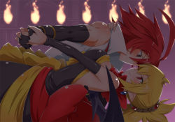 Rule 34 | 1boy, 1girl, adell (disgaea), bat wings, black gloves, blonde hair, bow, breasts, brown eyes, couple, dancing, disgaea, dress, eye contact, fire, fire, from side, gloves, hair up, holding hands, hetero, large breasts, leaning back, leaning forward, looking at another, makai senki disgaea 2, muscular, pointy ears, profile, red eyes, red hair, ribbon, rozalin, short hair, smile, strapless, strapless dress, wings, yellow bow, yuto (dialique)