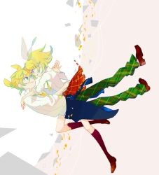 Rule 34 | 1boy, 1girl, aqua eyes, blonde hair, blue eyes, bow, brother and sister, eye contact, floating, gradient background, hair between eyes, hair bow, hair ornament, hairclip, hako (swimjelly), hetero, holding hands, kagamine len, kagamine rin, kneehighs, looking at another, pleated skirt, shirt, shoes, short hair, siblings, simple background, skirt, smile, socks, twins, vocaloid, white background