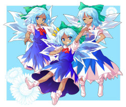 Rule 34 | 1girl, :d, ^ ^, alphes (style), blue eyes, bow, cirno, closed eyes, dairi, dark skin, dress, flower, grin, hair bow, hidden star in four seasons, ice, ice wings, long dress, multiple persona, open mouth, outside border, parody, smile, socks, style parody, tachi-e, tan, tanned cirno, touhou, wings