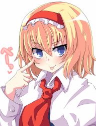 Rule 34 | 1girl, :p, akanbe, alice margatroid, bad id, bad pixiv id, blonde hair, blue eyes, capelet, eyelid pull, female focus, finger to eye, hairband, kikiriri, simple background, solo, tongue, tongue out, touhou, translation request, upper body, white background