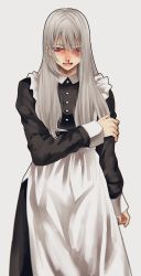 Rule 34 | 1girl, apron, black dress, blood, blush, bruise, bruise on face, bruised eye, dress, grey hair, highres, hoshi san 3, injury, long hair, long sleeves, looking at viewer, maid, maid apron, nosebleed, open mouth, original, red eyes, simple background, solo, standing, white apron, white background