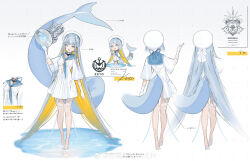 Rule 34 | 1girl, :d, absurdres, barefoot, beret, blonde hair, blue eyes, blue hair, blue neckerchief, blue sailor collar, bow, braid, cetacean tail, character sheet, chibi, chibi inset, cleavage cutout, clothing cutout, colored inner hair, dolphin girl, dress, fins, fish tail, french braid, full body, gloves, hand up, hat, hat bow, highres, instrument, light blue hair, long hair, multicolored hair, multiple views, neckerchief, open mouth, original, sailor collar, sailor dress, sharp teeth, shokuen (oxstl), short dress, sleeves past elbows, smile, tail, tail through clothes, teeth, thigh strap, tuba, turnaround, very long hair, wading, water, weibo logo, weibo watermark, white background, white bow, white dress, white gloves, white headwear