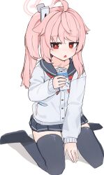 Rule 34 | 1girl, absurdres, ahoge, arm up, between legs, black thighhighs, blue archive, blush, buttons, cardigan, drink, drinking straw, emblem, full body, hair ornament, hairclip, halo, hand between legs, highres, holding, holding drink, looking at viewer, milk, natsu (blue archive), object in pocket, open mouth, pink hair, pleated skirt, pocket, ponytail, red eyes, red ribbon, ribbon, sailor collar, school uniform, side ponytail, simple background, skirt, solo, strainofgwaro, thighhighs, white background, white cardigan