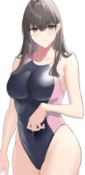 Rule 34 | 1girl, aquna, black eyes, black hair, black one-piece swimsuit, breasts, competition swimsuit, covered navel, cowboy shot, highres, large breasts, long hair, one-piece swimsuit, original, simple background, smile, solo, standing, swimsuit, two-tone swimsuit, white background