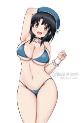 Rule 34 | 1girl, aqua bikini, ascot, beret, bikini, black hair, breasts, choker, cleavage, cowboy shot, dated, hat, kantai collection, large breasts, looking at viewer, masara (chuujou), navel, red eyes, short hair, simple background, solo, swimsuit, takao (kancolle), twitter username, underboob, white ascot, white background, wrist cuffs