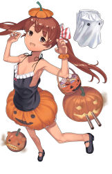 Rule 34 | 10s, 1girl, bare shoulders, blush, brown eyes, brown hair, child, dark-skinned female, dark skin, fang, flat chest, ghost, hair ribbon, halloween, halloween costume, hat, highres, jack-o&#039;-lantern, kantai collection, libeccio (kancolle), long hair, looking at viewer, mary janes, misumi (niku-kyu), open mouth, pumpkin hat, pumpkin skirt, ribbon, scrunchie, shoes, sleeveless, smile, solo, twintails, wrist scrunchie