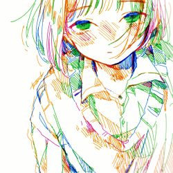 Rule 34 | 1girl, collared shirt, colorful, expressionless, green eyes, hatching (texture), highres, medium hair, original, shadow, shirt, signature, simple background, solo, traditional media, upper body, watanabe tomari, white background