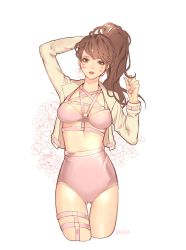 Rule 34 | 1girl, absurdres, adjusting hair, alternate hairstyle, arm behind head, arm up, artist name, bad id, bad twitter id, belda34, breasts, brown eyes, brown hair, commentary request, crop top, cropped jacket, cropped legs, d.va (overwatch), eyelashes, facepaint, facial mark, fingernails, flower, gluteal fold, hair ornament, hair tie, hand in own hair, hand up, highres, jacket, legs together, long fingernails, long sleeves, looking at viewer, medium breasts, meme attire, open clothes, open jacket, overwatch, overwatch 1, parted lips, pink lips, pink shorts, ponytail, shorts, simple background, solo, standing, thigh gap, thigh strap, tying hair, whisker markings, white background, white jacket