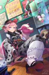 Rule 34 | 1girl, 2021, animal print, belt, black footwear, black gloves, black hat, black scarf, breasts, chess piece, chinese zodiac, clock, closed mouth, commentary, cow print, cushion, drawer, earrings, english commentary, fedora, frilled kimono, frills, gem, gloves, grey kimono, hand up, hat, high heels, highres, holding, holding chess piece, horns, japanese clothes, jewelry, kimono, knight (chess), looking at viewer, medium hair, nengajou, new year, obi, obiage, on floor, original, painting (object), para sitism, pearl (gemstone), pink carpet, pink hair, print kimono, purple eyes, red belt, red gemstone, sash, scarf, shell, signature, sleeves past wrists, small breasts, socks, solo, white socks, wide sleeves, year of the ox