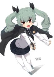 Rule 34 | 1girl, anchovy (girls und panzer), anzio school uniform, belt, black belt, black cape, black footwear, black necktie, black ribbon, black skirt, buchikaki, cape, commentary, dated, dress shirt, drill hair, full body, girls und panzer, green hair, hair ribbon, holding, holding riding crop, leaning forward, long hair, long sleeves, looking at viewer, miniskirt, necktie, open mouth, pantyhose, pleated skirt, red eyes, ribbon, riding crop, school uniform, shadow, shirt, shoes, simple background, skirt, smile, solo, standing, twin drills, twintails, twitter username, white background, white pantyhose, white shirt, wing collar