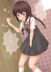 Rule 34 | 1girl, azuma (azumapic), bathroom, between legs, black dress, blush, braid, breasts, brown eyes, brown hair, clenched hand, door, dress, dutch angle, embarrassed, female focus, hair ribbon, hand between legs, hand up, have to pee, highres, indoors, japanese text, kneehighs, knocking, long hair, matching hair/eyes, motion lines, neck ribbon, open mouth, original, pinafore dress, pleated dress, red ribbon, ribbon, school uniform, shirt, short sleeves, sleeveless, sleeveless dress, small breasts, socks, solo, speech bubble, standing, sweat, talking, tears, translation request, twin braids, twintails, white shirt, white socks, window